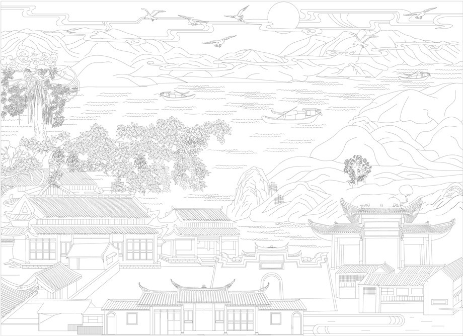 山水風景浮雕雕塑原創手繪設計稿